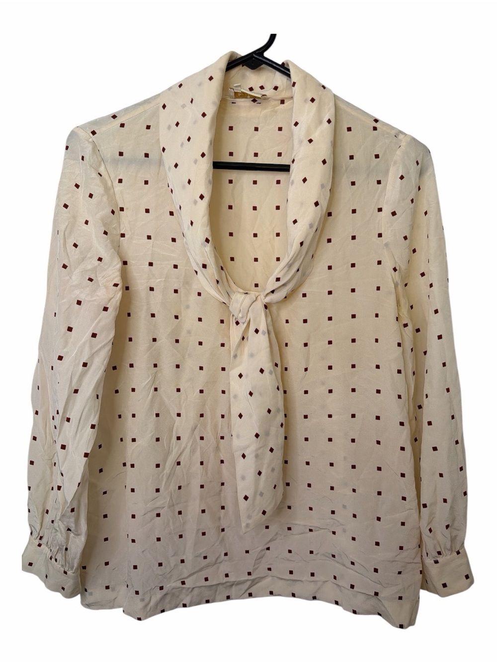 kate spade Silk Cream Tie-Neck Blouse with Burgundy Square Print